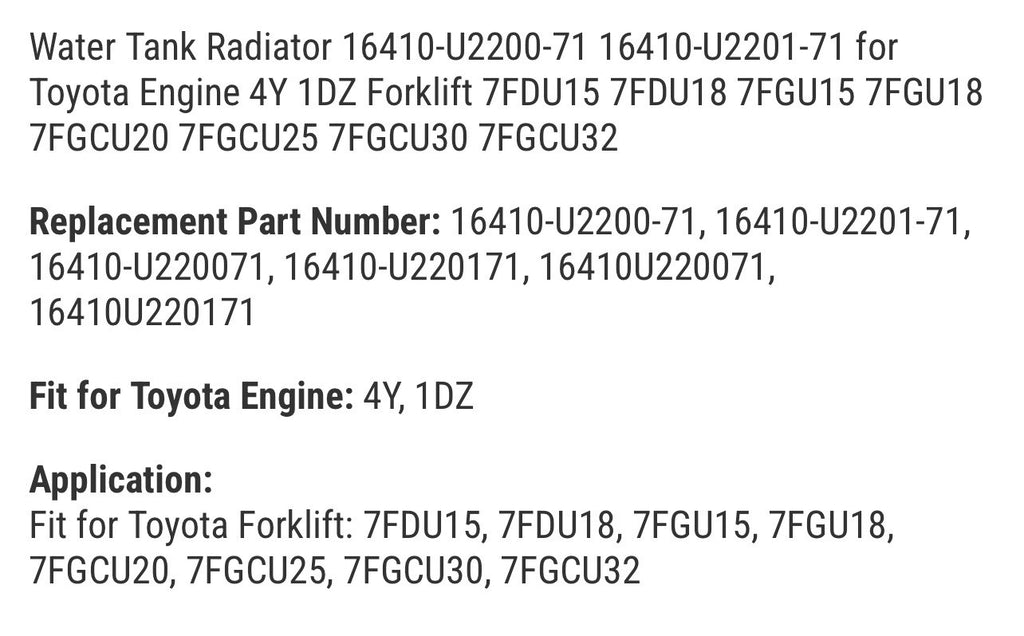 Forklift Radiator Toyota 16410-U2201-71  Aftermarket - New 7 Series Models