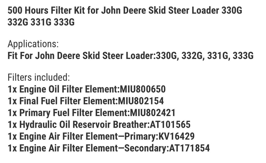 500 Hours Filter Kit for John Deere Skid Steer Loader 330G 332G 331G 333G