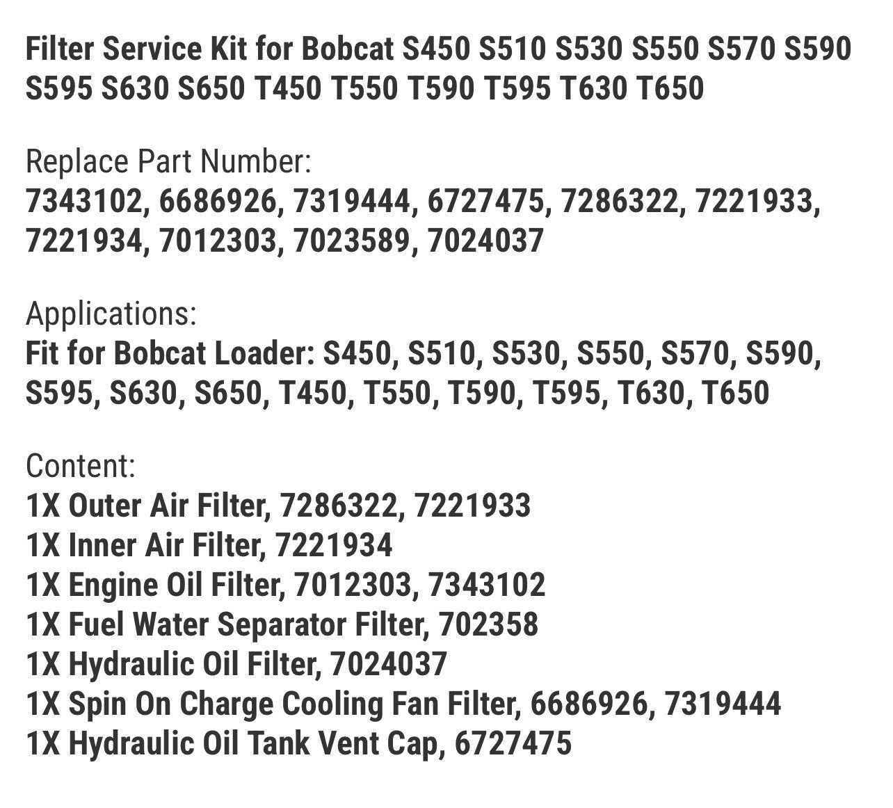 Filter Service Kit for Bobcat S450 S510 S530 S550 S570 S590 S595 S630 S650 T450