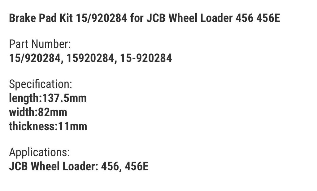 Brake Pad Kit 15/920284 for JCB Wheel Loader 456 456E