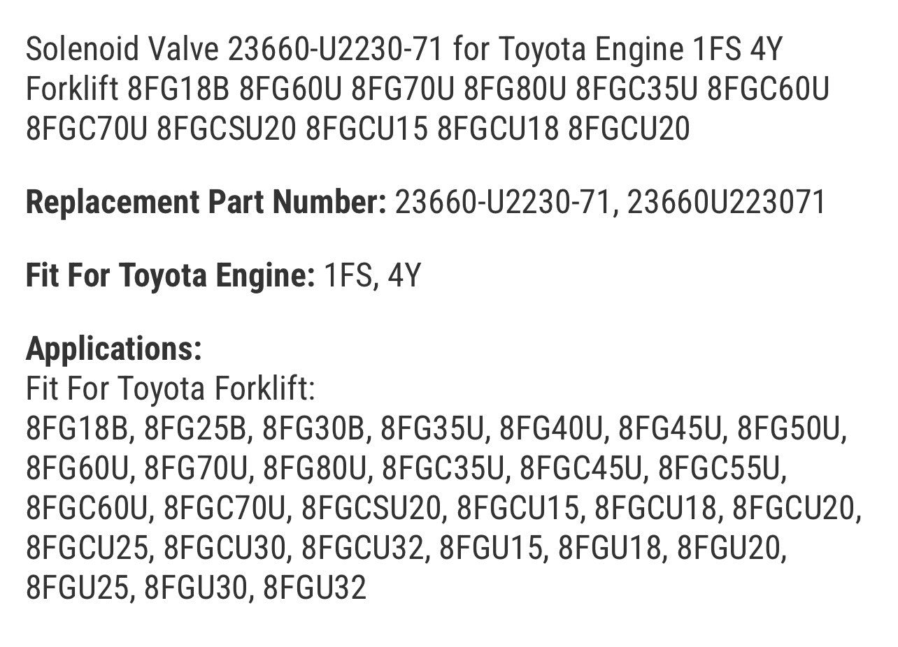 Solenoid Valve 23660-U2230-71 for Toyota 4Y Forklift 8 Series Models