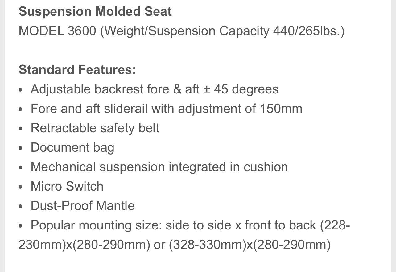NEW UNIVERSAL FORKLIFT SUSPENSION MOLDED SEAT/SWITCH | BLACK VINYL Model 3600