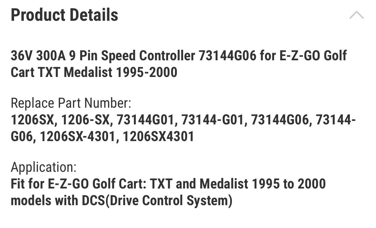 36V 300A 9 Pin Speed Controller 73144G06 for E-Z-GO Golf Cart TXT Medalist