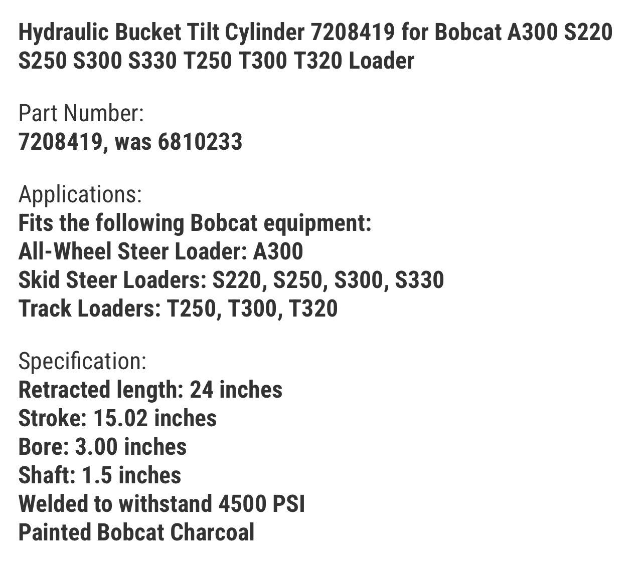 Hydraulic Bucket Tilt Cylinder 7208419 for Bobcat A300 S220 S250 S300
