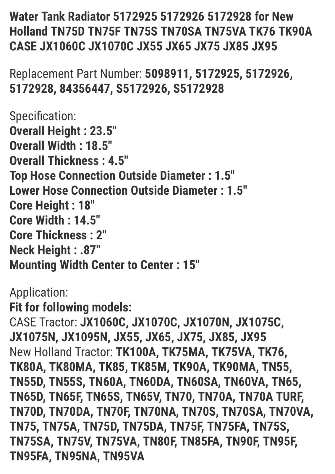 5172926 5172928 Radiator fits Case IH JX55 JX60 JX65 JX70 JX80 JX85 JX90 JX95