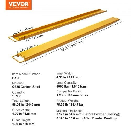 96" Heavy Duty Steel Forklift Fork Extensions 4000LBS 4.5" Width 1 Pair