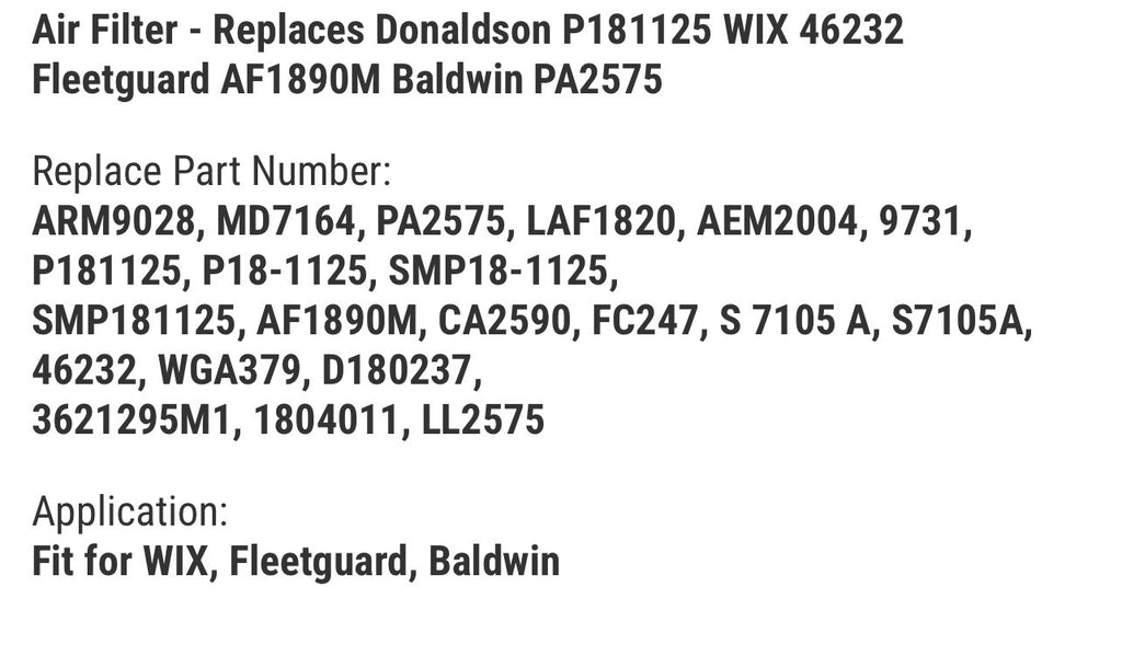 Air Filter - Replaces Donaldson P181125 WIX 46232 Fleetguard AF1890M Baldwin