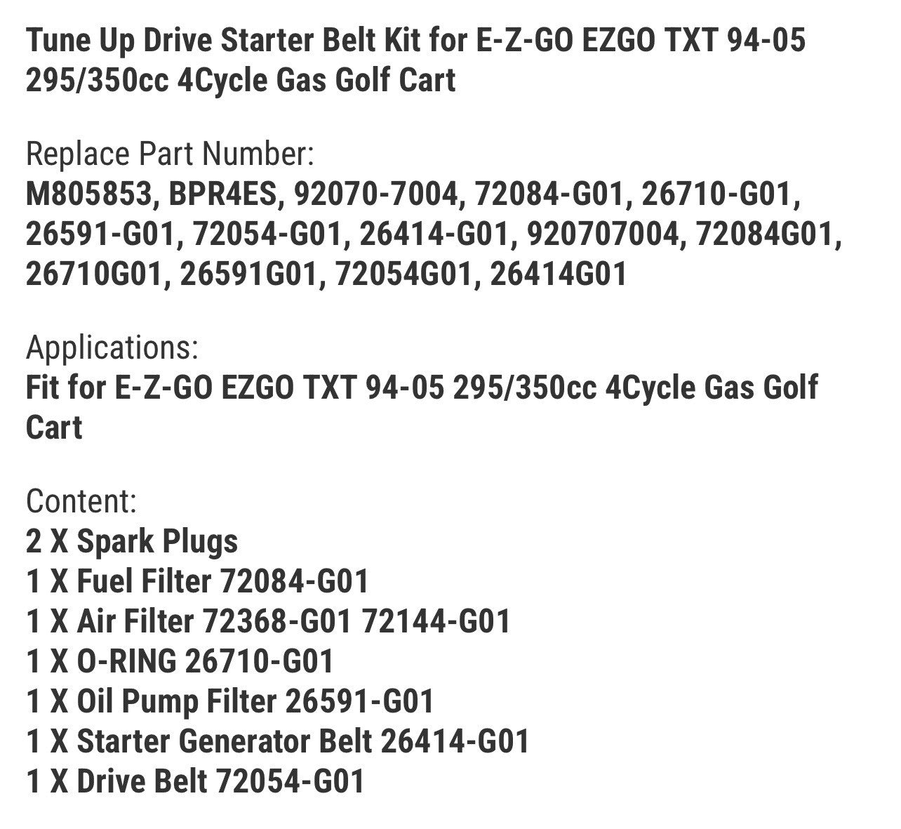 Tune Up Drive Starter Belt Kit for E-Z-GO EZGO TXT 94-05 295/350cc 4 Cycle Gas