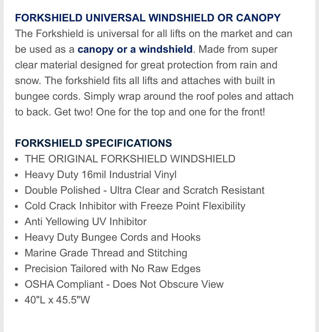 UNIVERSAL FORKLIFT FORKSHIELD/CLEAR CAP | 40"L x 45.5"W | FITS ALL MODELS