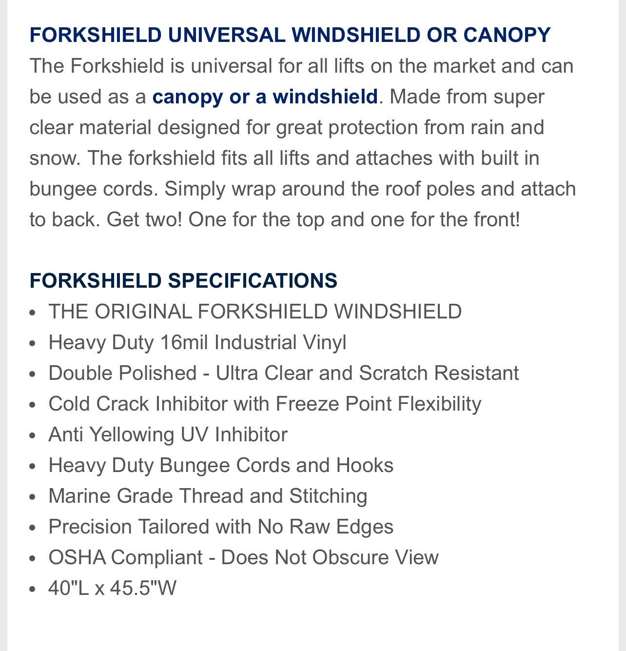 UNIVERSAL FORKLIFT FORKSHIELD/CLEAR CAP | 40"L x 45.5"W | FITS ALL MODELS