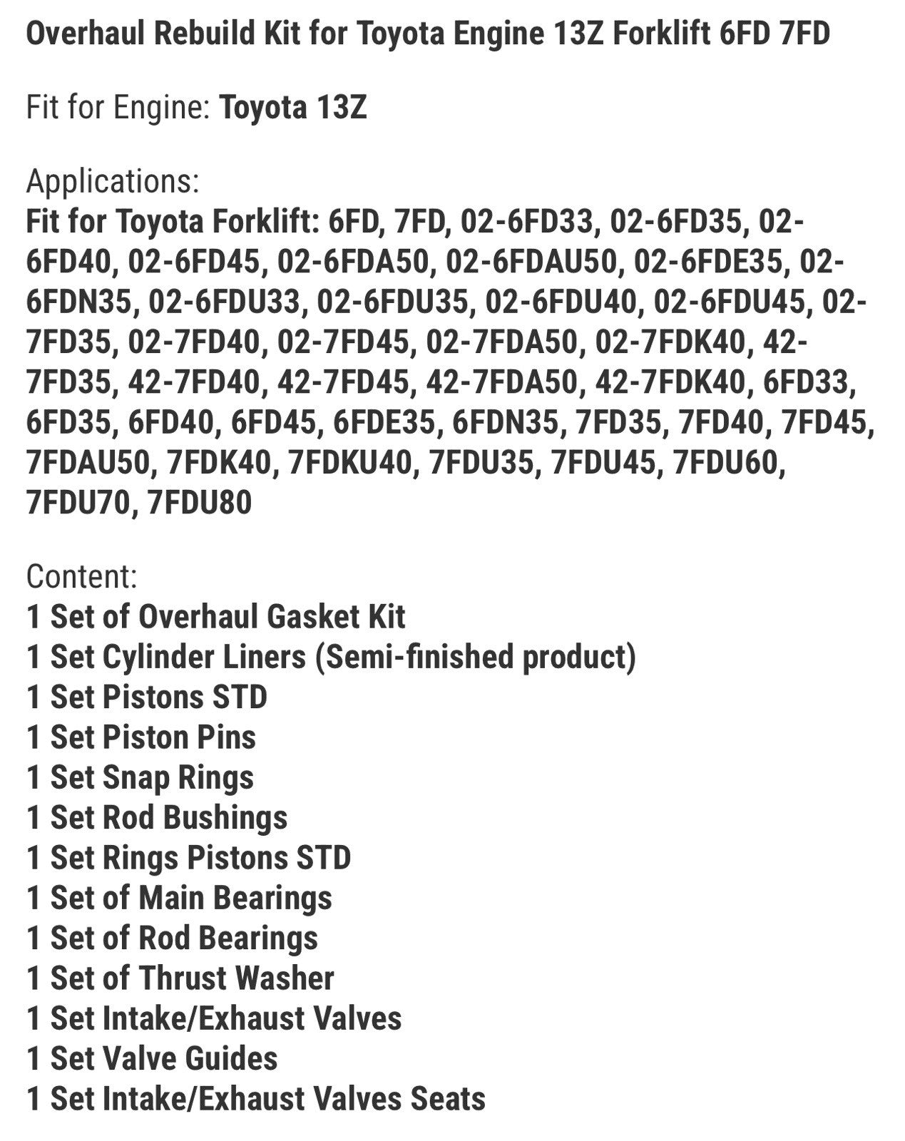 Overhaul Rebuild Kit for Toyota Engine 13Z Forklift 6FD 7FD