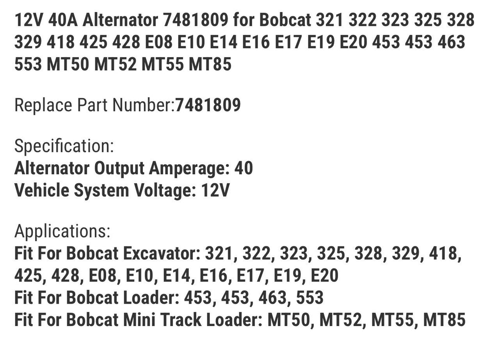 12V 40A Alternator 7481809 for Bobcat 321 322 323 325 328 329