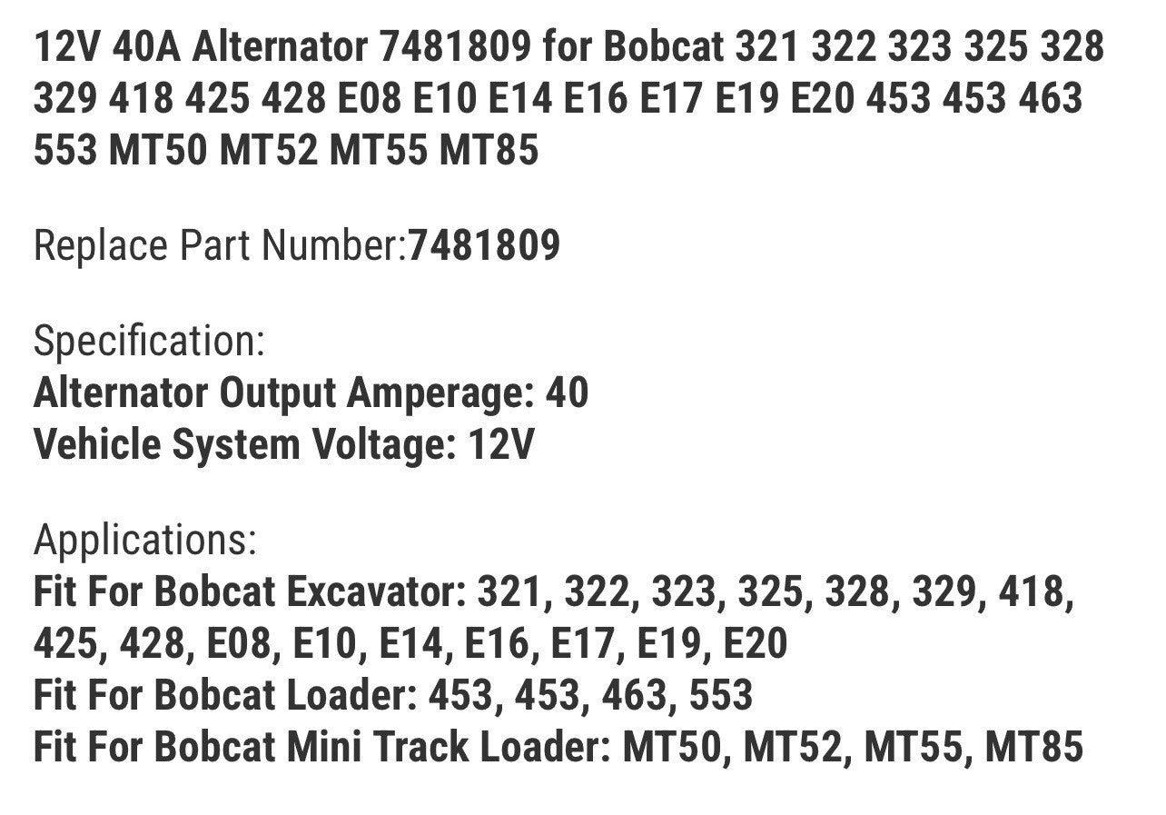 12V 40A Alternator 7481809 for Bobcat 321 322 323 325 328 329