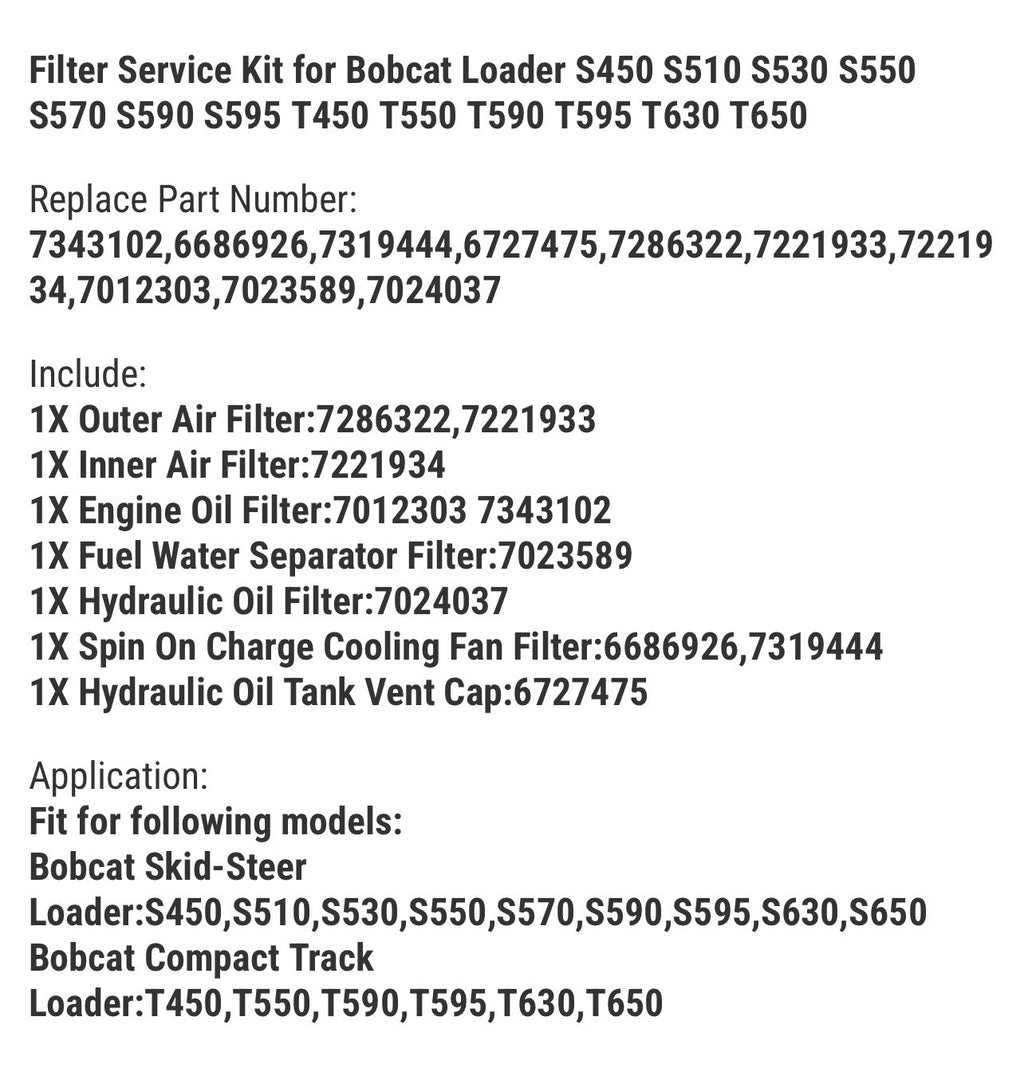 Filter Service Kit for Bobcat Loader S450 S510 S530 S550 S570 S590 S595 T450