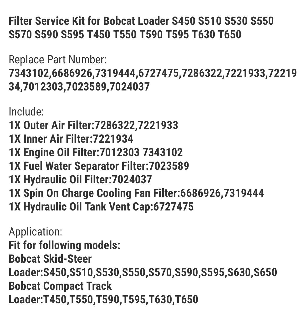 Filter Service Kit for Bobcat Loader S450 S510 S530 S550 S570 S590 S595 T450