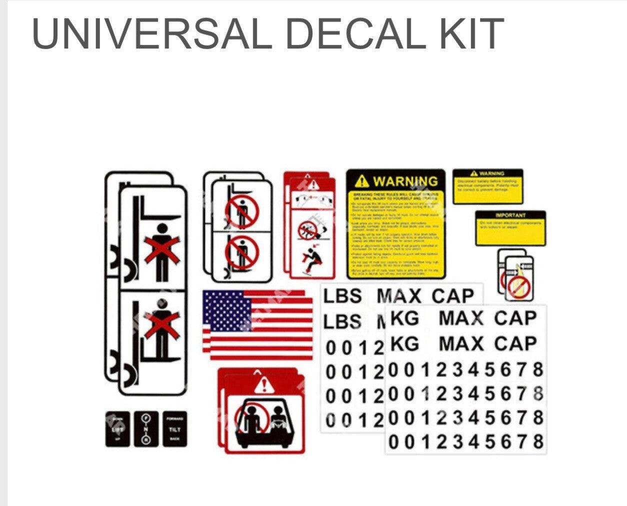 Universal Forklift Safety Decal Kit (USA) | Fits ALL Models | 20 Decals