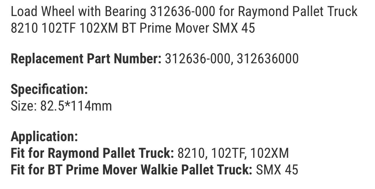 (SET OF 2) Load Wheel with Bearing 312636-000 for Raymond Pallet Truck 8210
