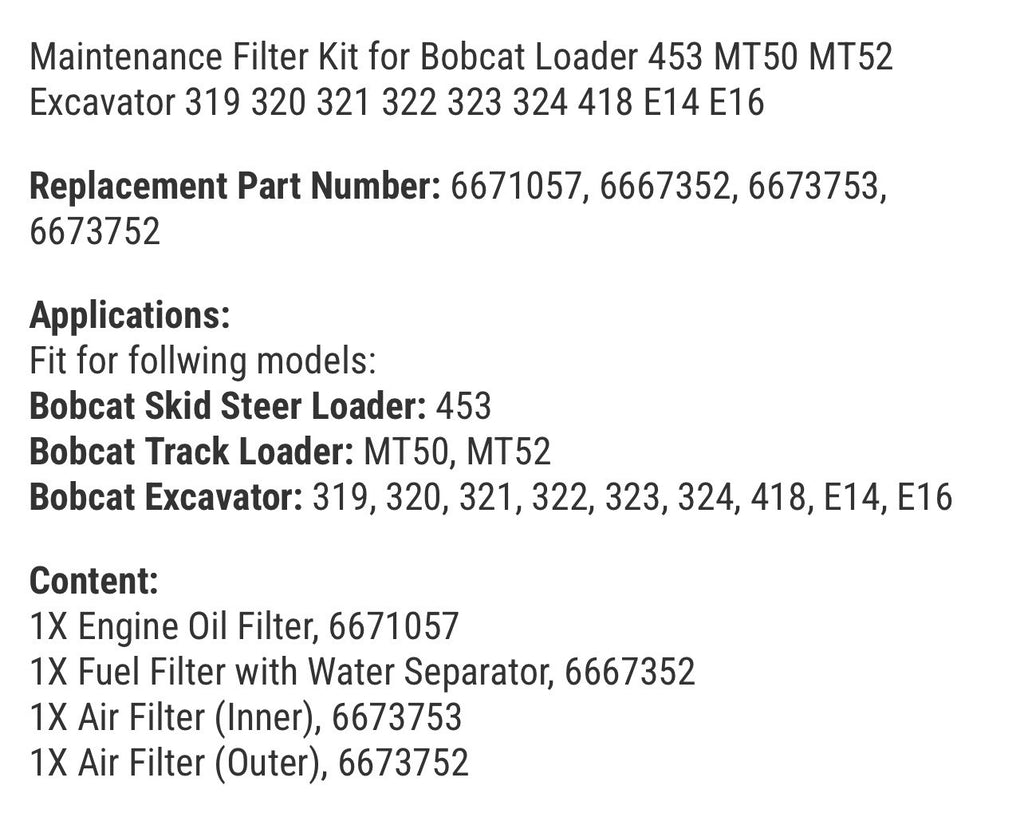 Maintenance Filter Kit for Bobcat Loader 453 MT50 MT52 Excavator 319 320 321 322