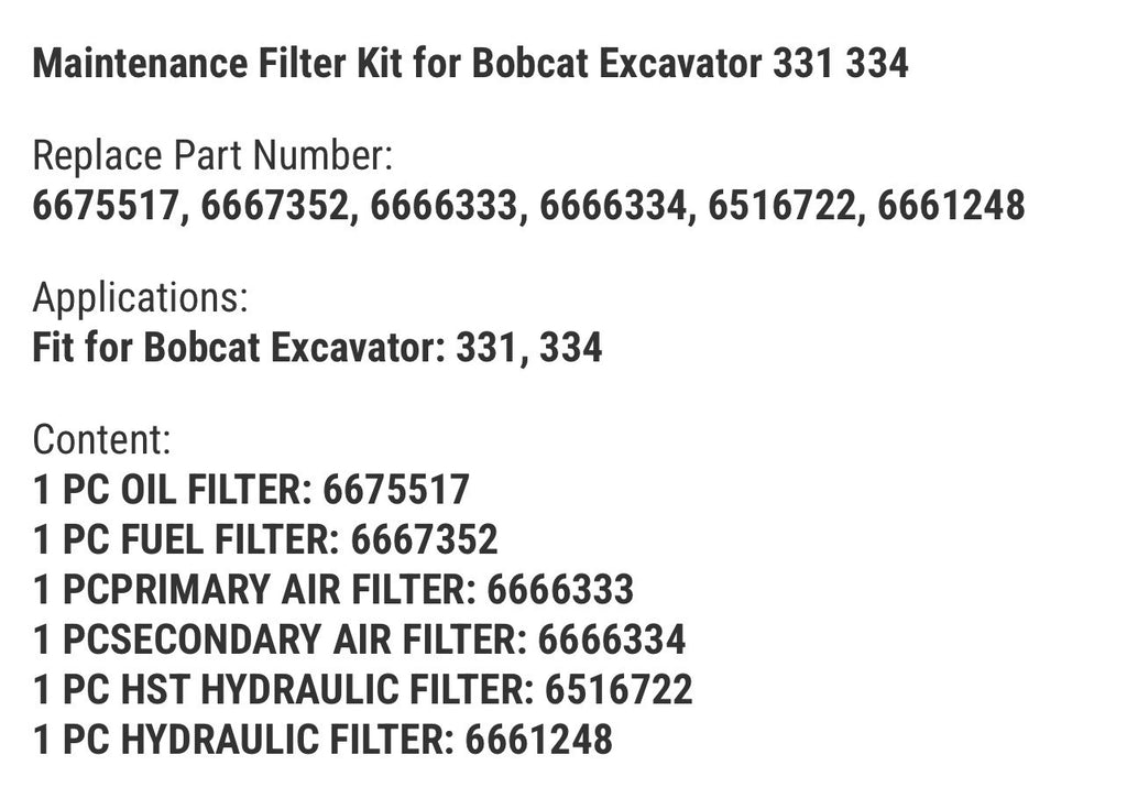 Maintenance Filter Kit for Bobcat Excavator 331 334