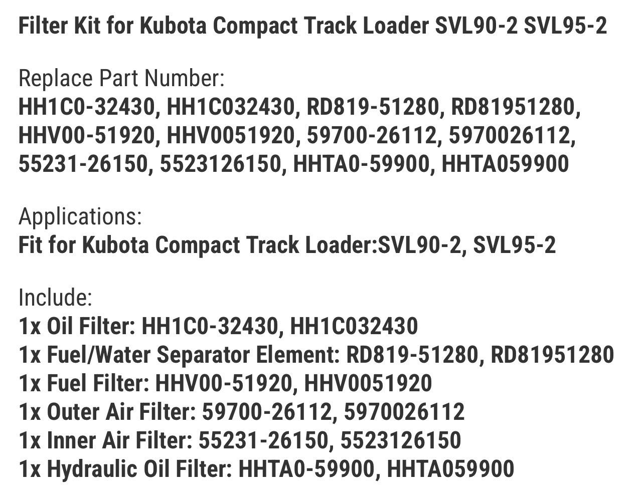 Filter Kit for Kubota Compact Track Loader SVL90-2 SVL95-2