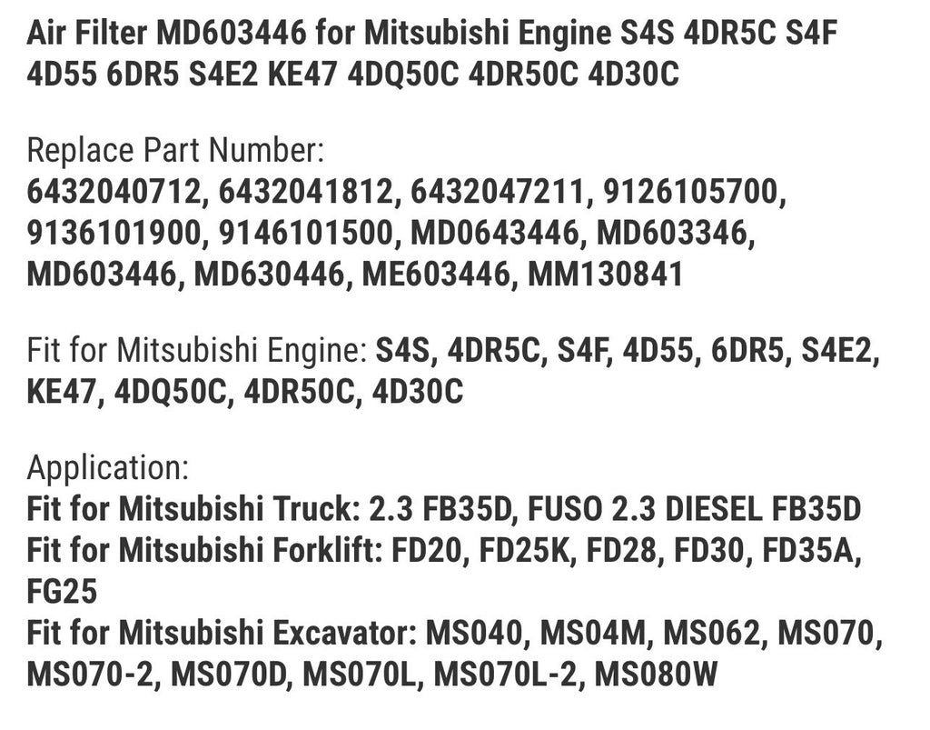 Air Filter MD603446 for Mitsubishi Engine S4S 4DR5C S4F 4D55 6DR5 S4E2 KE47 4DQ5
