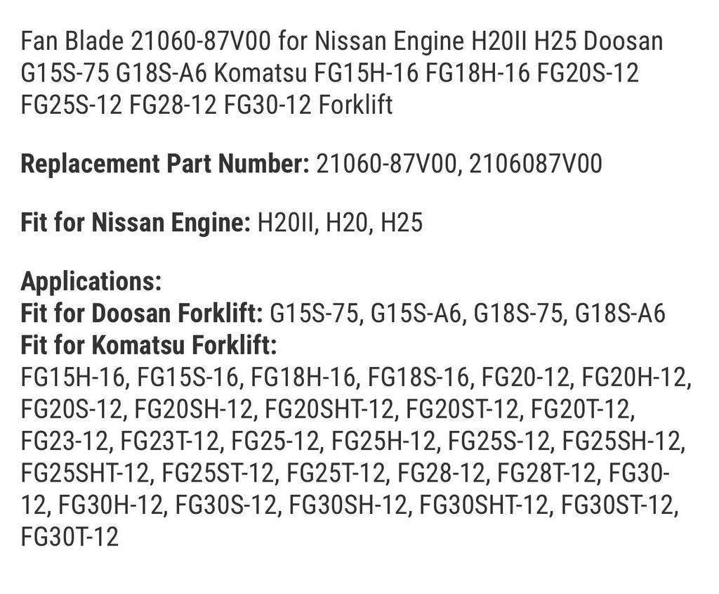 Fan Blade 21060-87V00 for Nissan Engine H20II H25 Doosan G15S-75 G18S-A6 Komatsu