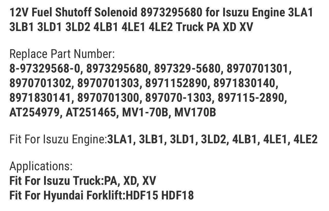 12V Fuel Shutoff Solenoid 8973295680 for Isuzu Engine 3LA1 3LB1 3LD1 3LD2