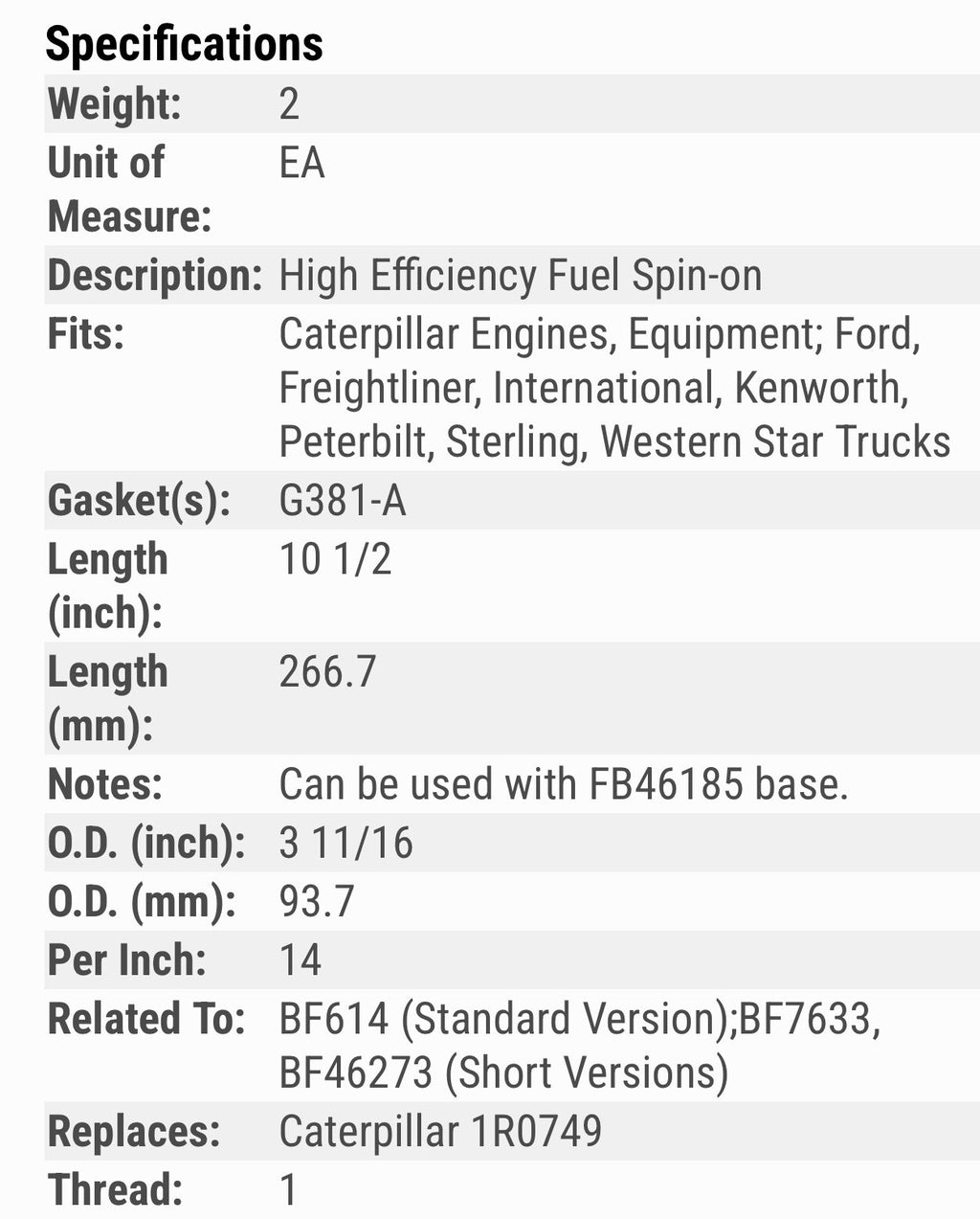 (SET OF 6) BALDWIN BF7587 | FUEL FILTER | CAT,  FORD,  FREIGHTLINER, KENWORTH