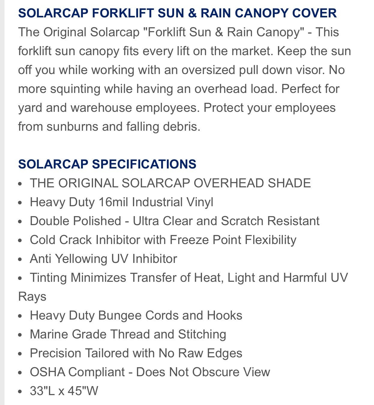 UNIVERSAL FORKLIFT SOLAR CAP | 33"L x 44"W | FITS ALL MODELS