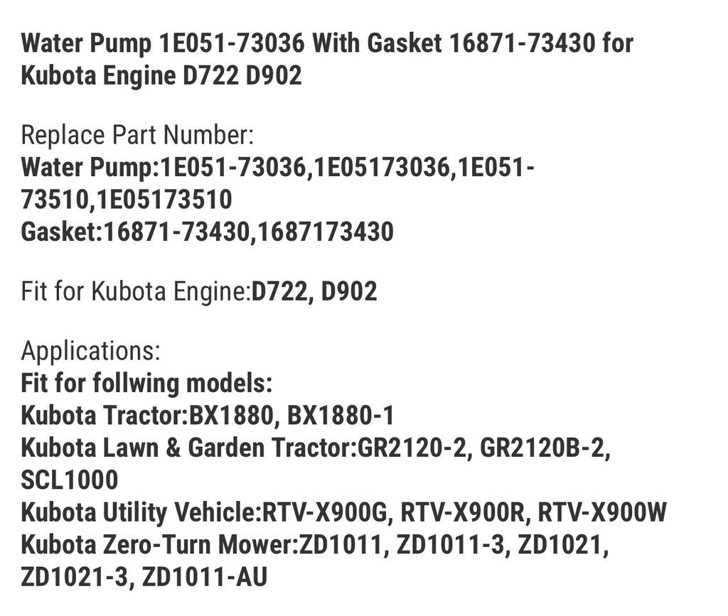 Water Pump 1E051-73036 With Gasket 16871-73430 for Kubota Engine D722 D902