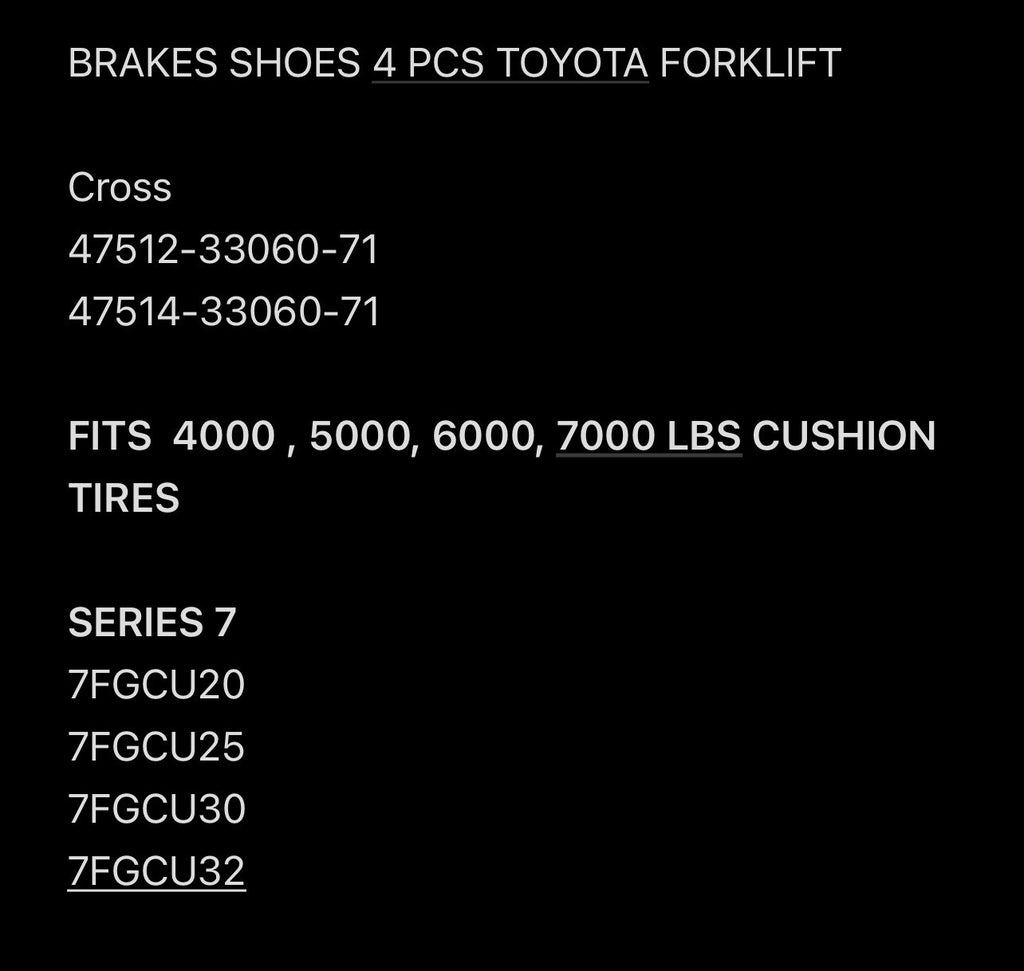 (QTY 4) 47512-33060-71 Brake Shoes TOYOTA Forklift 4000 TO 7000 LBS Cushion