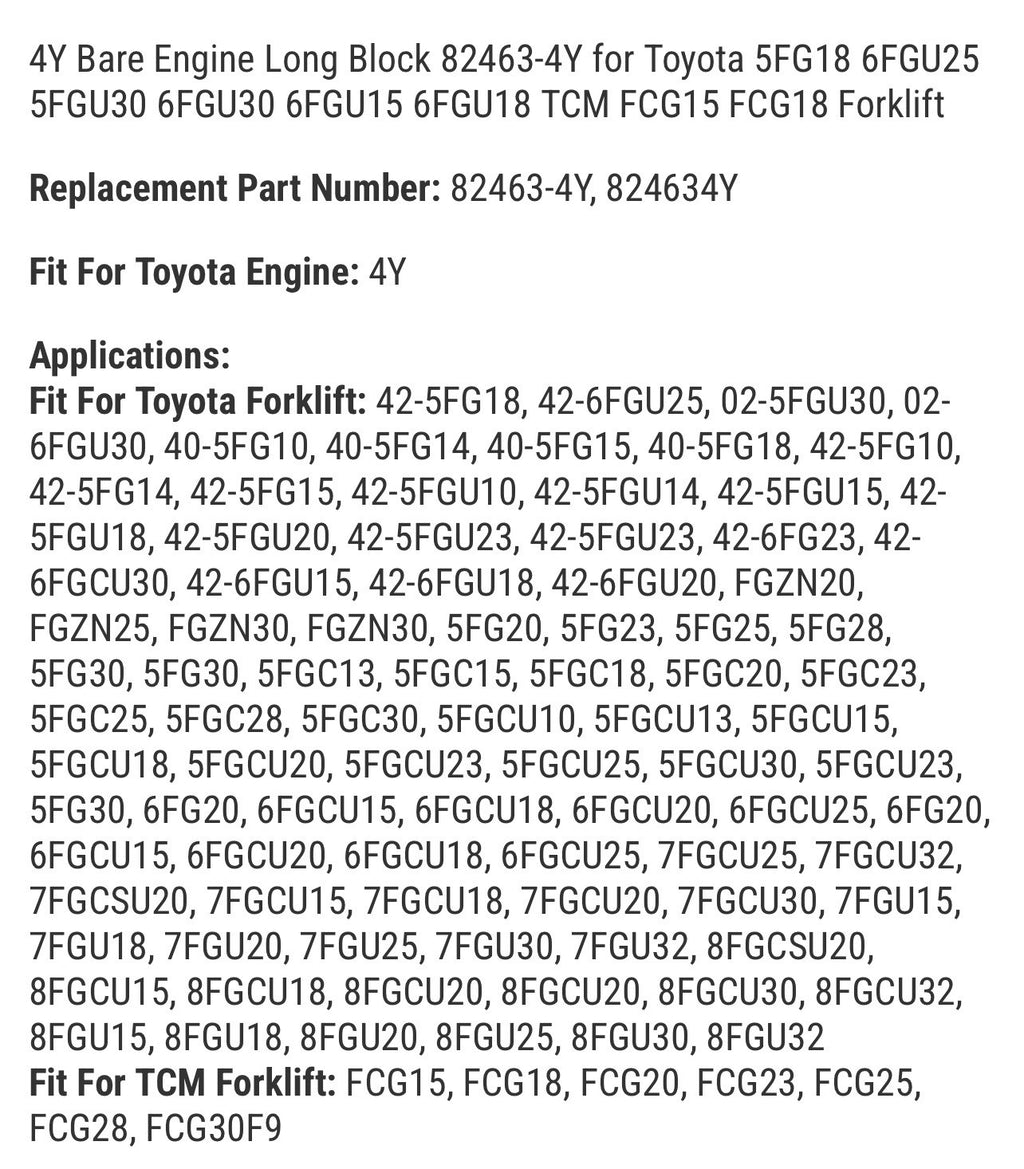 4Y Bare Engine Long Block 82463-4Y for Toyota 5FG18 6FGU25 5FGU30 6FGU30
